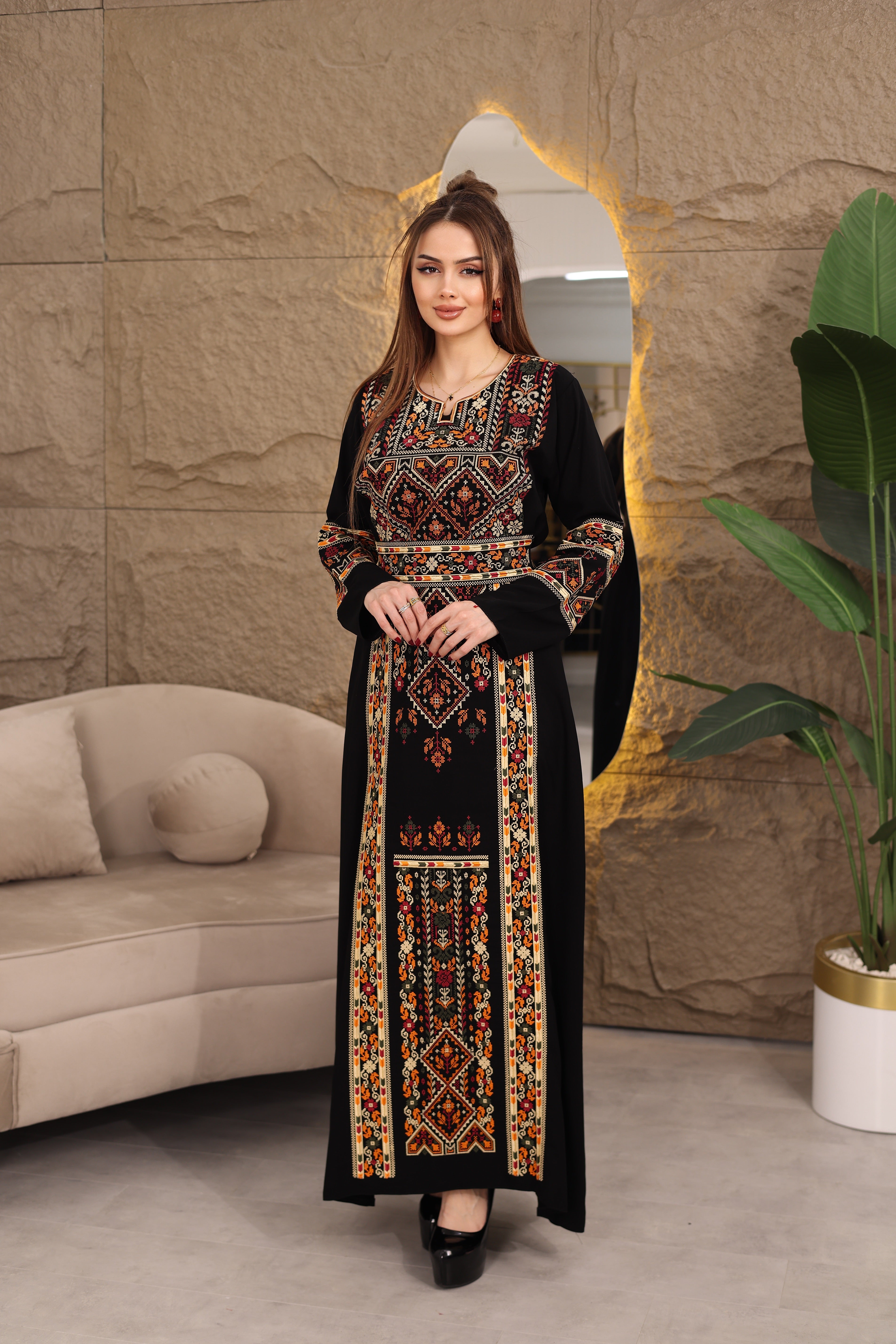 Filistin Desenli Lüks Lexus Kumaş Abaya – Kemerli Şık Tasarım