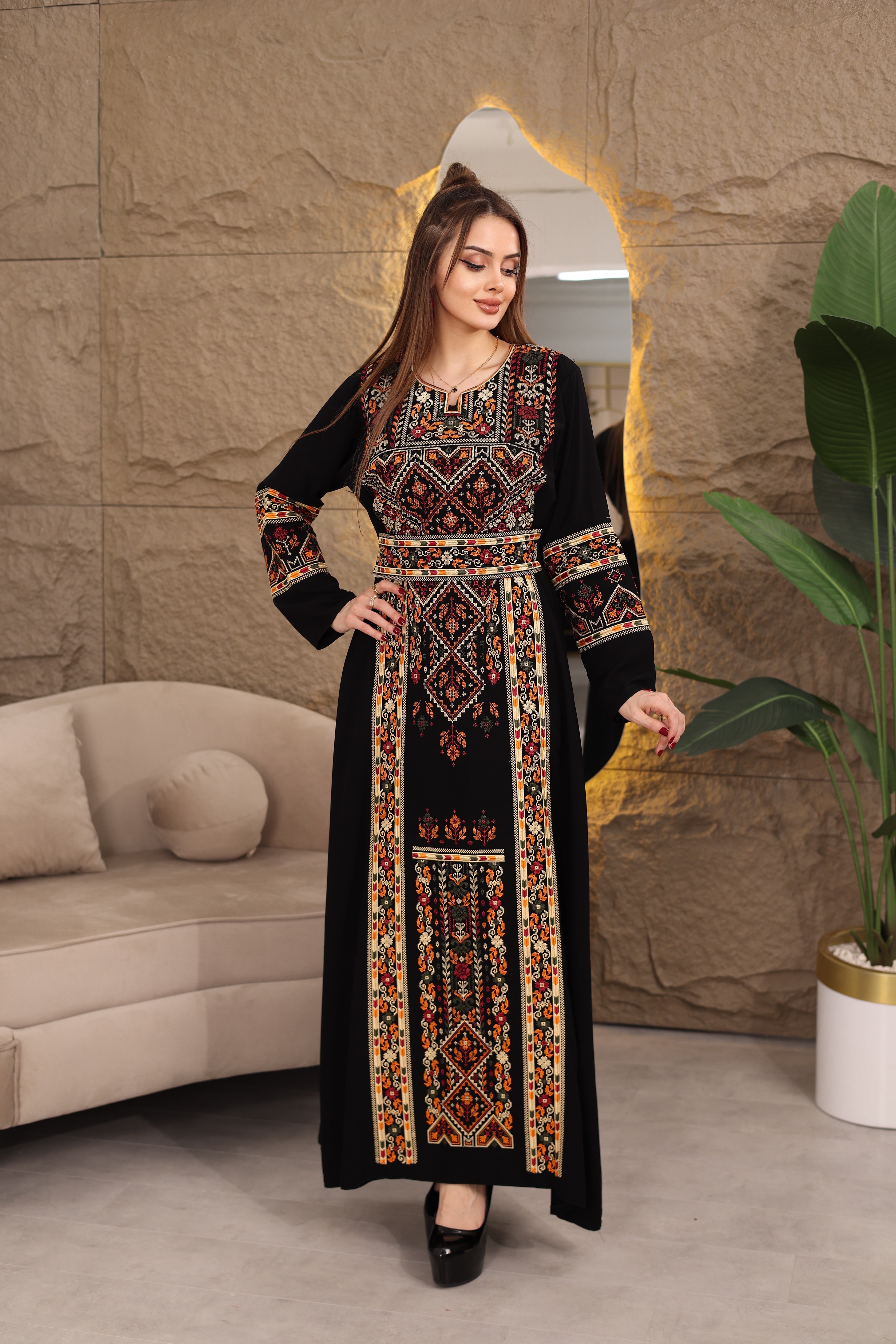 Filistin Desenli Lüks Lexus Kumaş Abaya – Kemerli Şık Tasarım