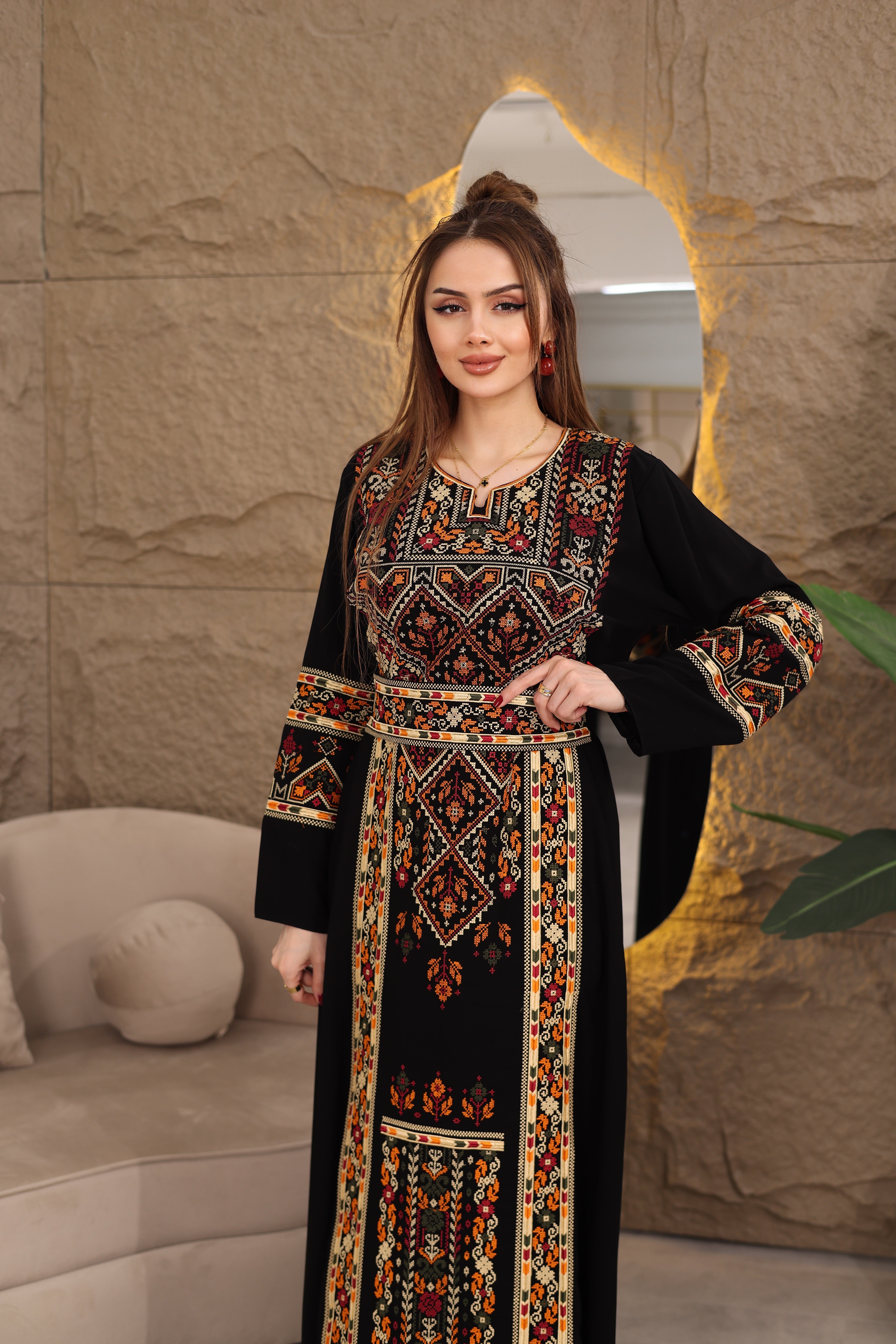 Filistin Desenli Lüks Lexus Kumaş Abaya – Kemerli Şık Tasarım