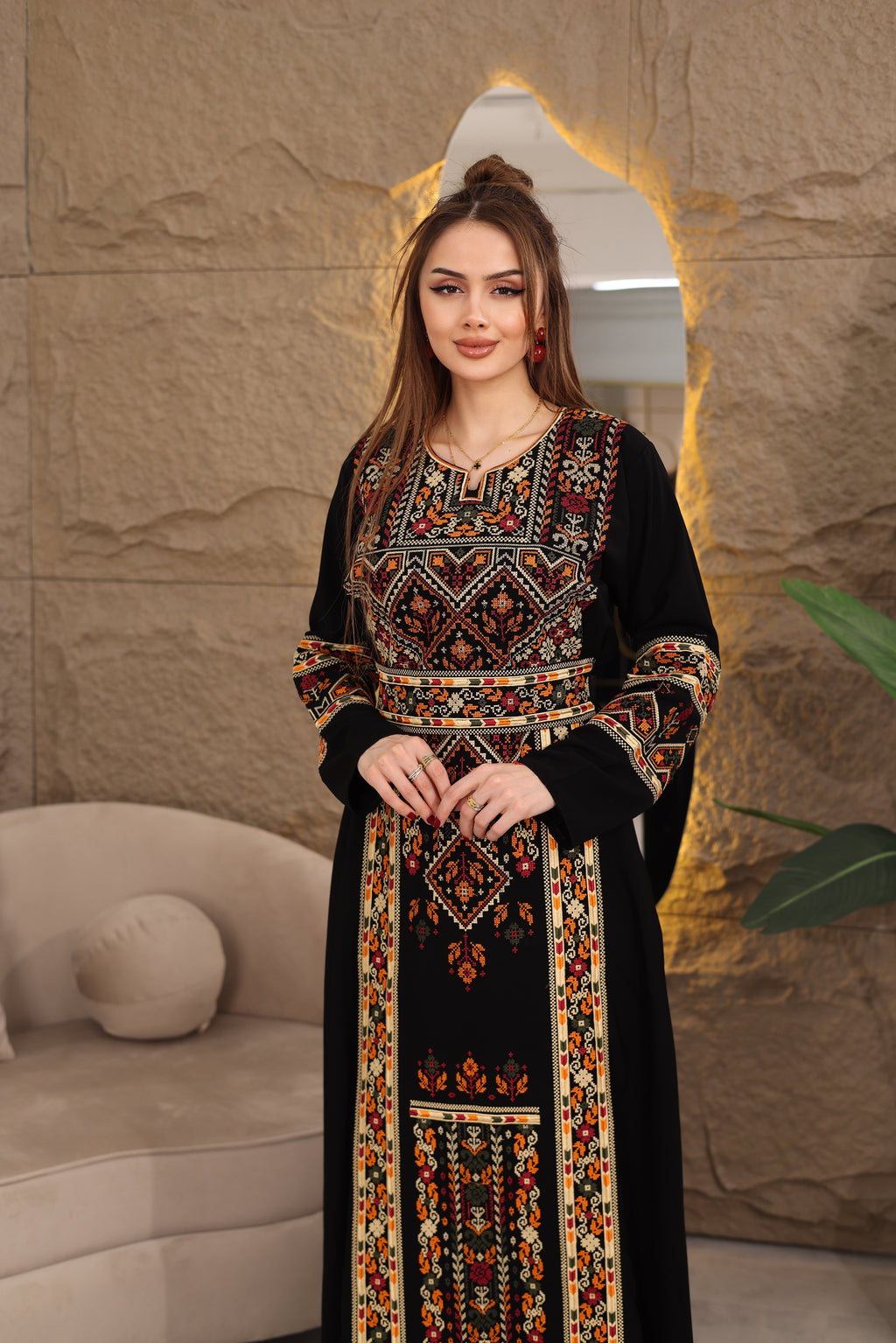 Filistin Desenli Lüks Lexus Kumaş Abaya – Kemerli Şık Tasarım