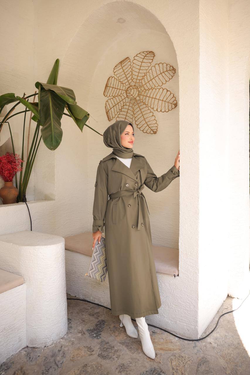 Classic Khaki Trench Coat with Belt Detail