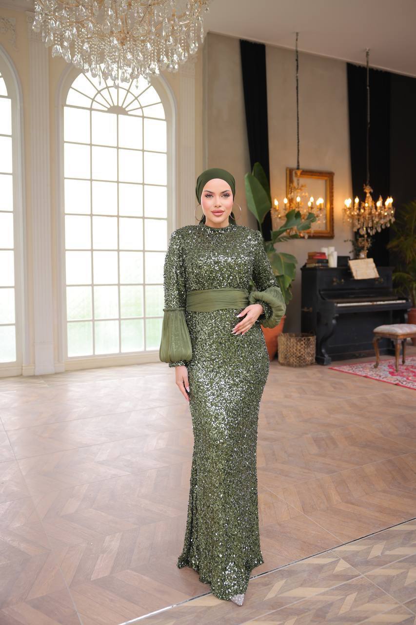 Sequined Fabric, Sash Detailed Evening Dress