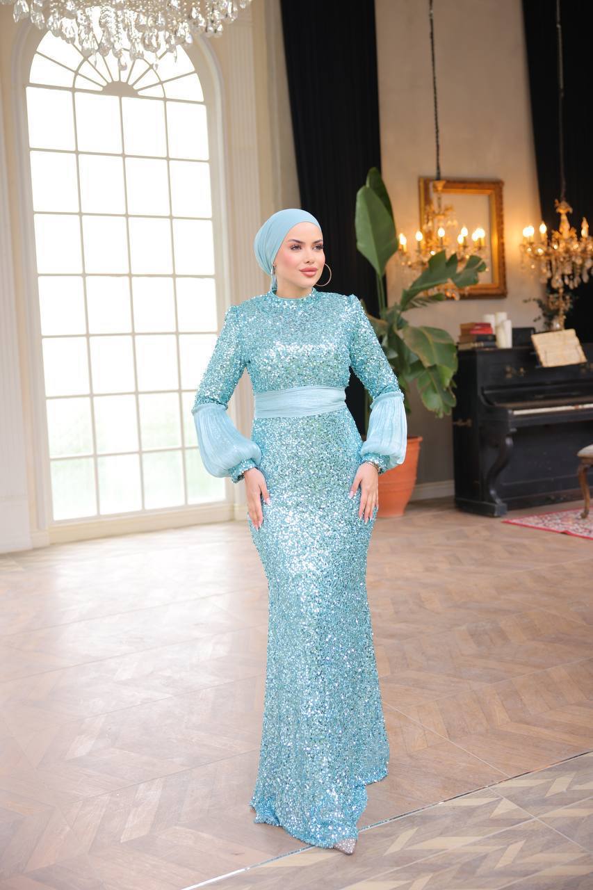 Sequined Fabric, Sash Detailed Evening Dress